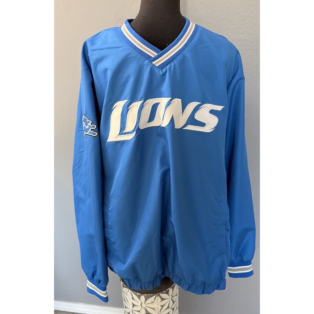 Detroit Lions NFL Windbreaker Size L Blue White Football Pullover Jacket Men's
